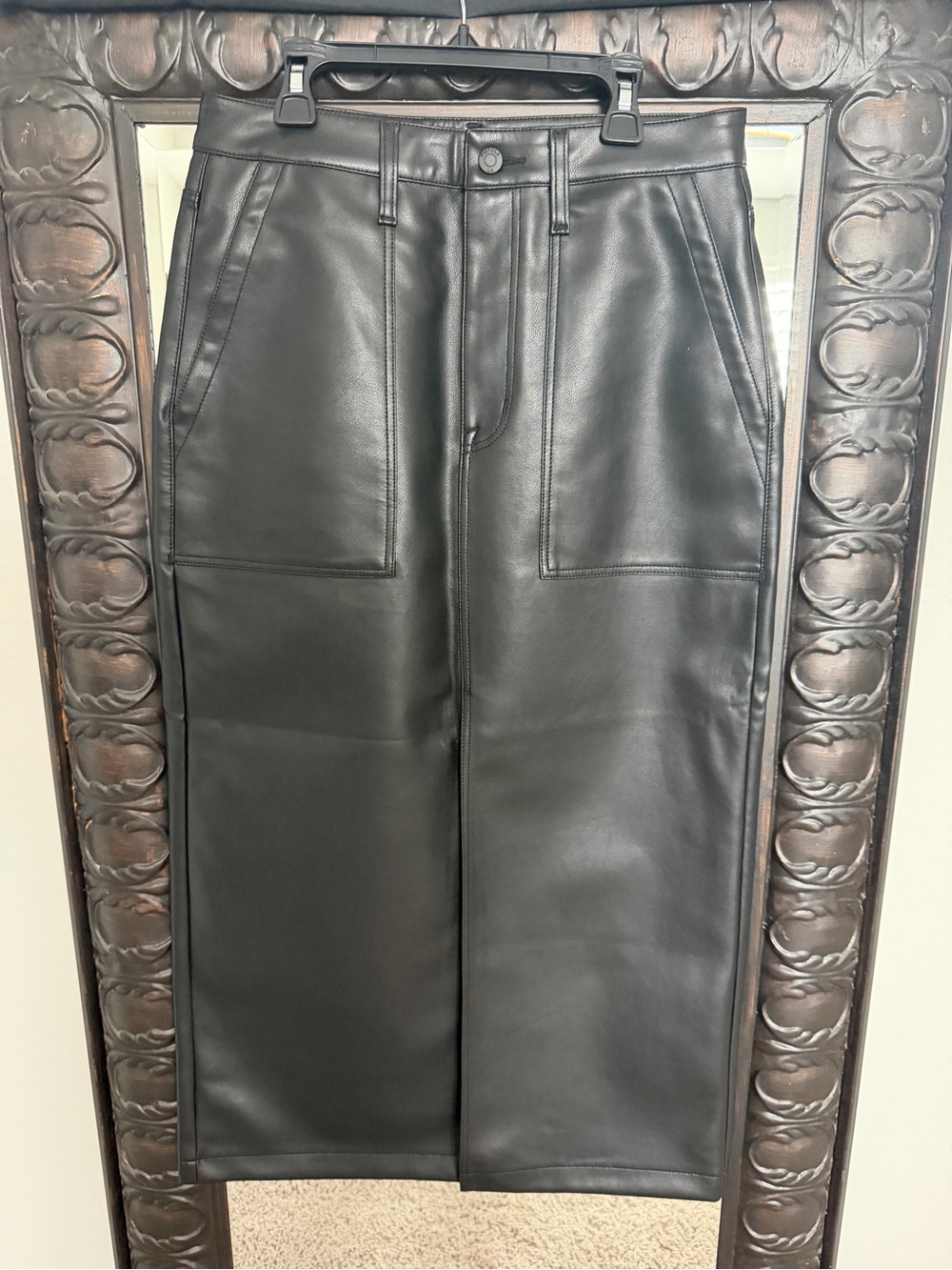 Pistola Black Faux Leather Skirt with Coral Nail Accent